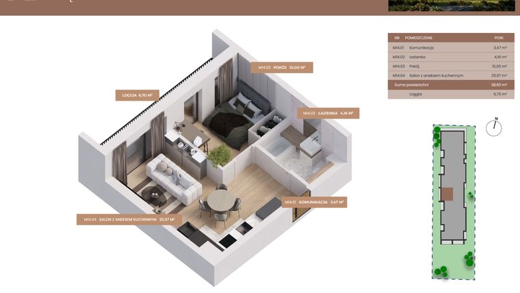 Rzut - Mieszkanie na sprzedaż 2 pokoje o powierzchni 38,6 m² - numer 14 w Apartamenty Częstochowska