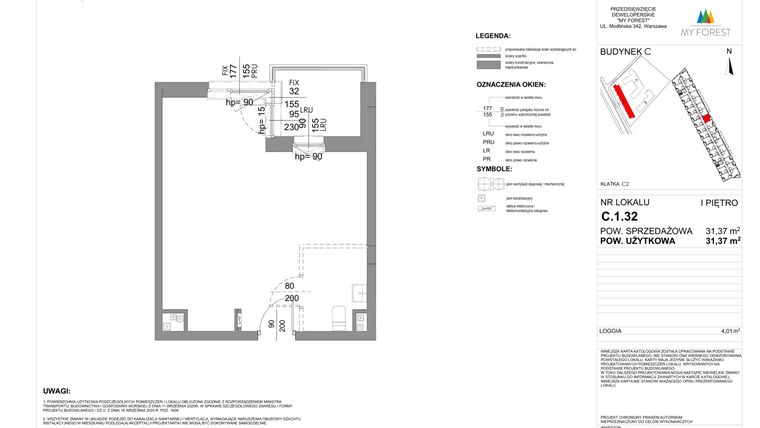 Rzut - Mieszkanie na sprzedaż 1 pokój o powierzchni 31,37 m² - numer C.1.32 w My Forest - Apartamenty inwestycyjne
