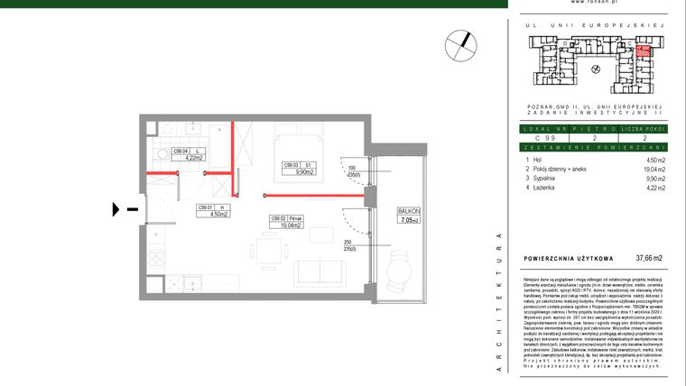 Rzut - Mieszkanie na sprzedaż 2 pokoje o powierzchni 37,66 m² - numer C099 w Grunwald Między Drzewami etap III