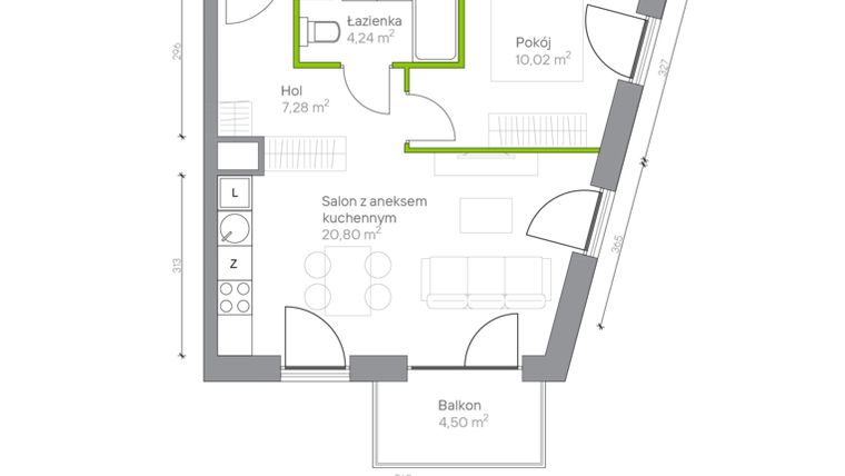Rzut - Mieszkanie na sprzedaż 2 pokoje o powierzchni 42,34 m² - numer A.3.9 w Jesionowa Vita