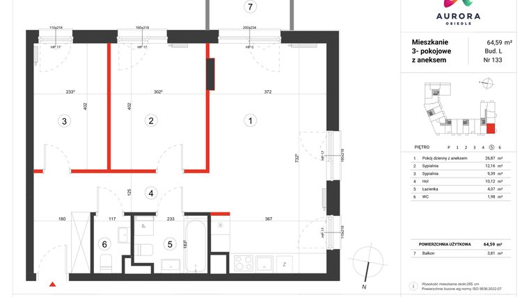 Rzut - Mieszkanie na sprzedaż 3 pokoje o powierzchni 64 m² - numer L-133 w Osiedle Aurora - bud. L