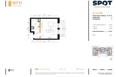 Rzut - Mieszkanie na sprzedaż 1 pokój o powierzchni 31,37 m² - numer A.2.04 w SPOT