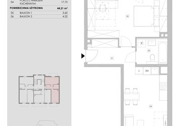 Rzut - Mieszkanie na sprzedaż 2 pokoje o powierzchni 44,21 m² - numer 98.3.10 w ATAL Bronowice