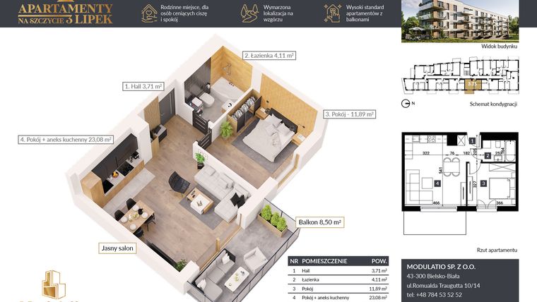 Rzut - Mieszkanie na sprzedaż 2 pokoje o powierzchni 42,79 m² - numer A.3.35 w Apartamenty na Szczycie 3 Lipek