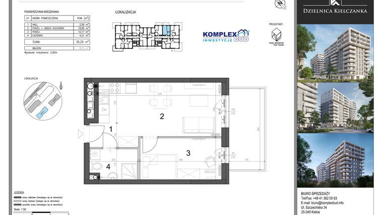 Rzut - Mieszkanie na sprzedaż 2 pokoje o powierzchni 36,29 m² - numer 61 w Dzielnica Kielczanka etap II