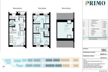 Rzut - Mieszkanie na sprzedaż 3 pokoje o powierzchni 64,55 m² - numer 5.B1 w Osiedle Primo