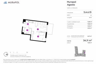 Rzut - Mieszkanie na sprzedaż 1 pokój o powierzchni 34,11 m² - numer 3.A.6.13 w Murapol Agosto