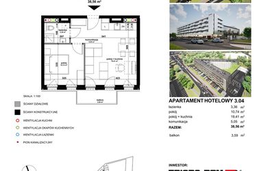 Rzut - Mieszkanie na sprzedaż 2 pokoje o powierzchni 38,51 m² - numer 3.04 w Apartamentowiec Zwycięska 3 - inwestycyjne