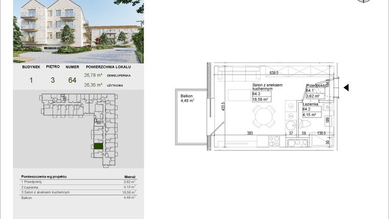 Rzut - Mieszkanie na sprzedaż 1 pokój o powierzchni 26,35 m² - numer A64 w Aleja Mickiewicza