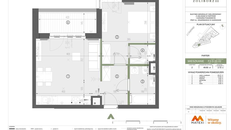 Rzut - Mieszkanie na sprzedaż 2 pokoje o powierzchni 49,6 m² - numer F2.D.00.02 w Sady Żoliborz II