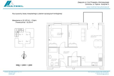 Rzut - Mieszkanie na sprzedaż 2 pokoje o powierzchni 52,09 m² - numer 22A w Dominów Rynek