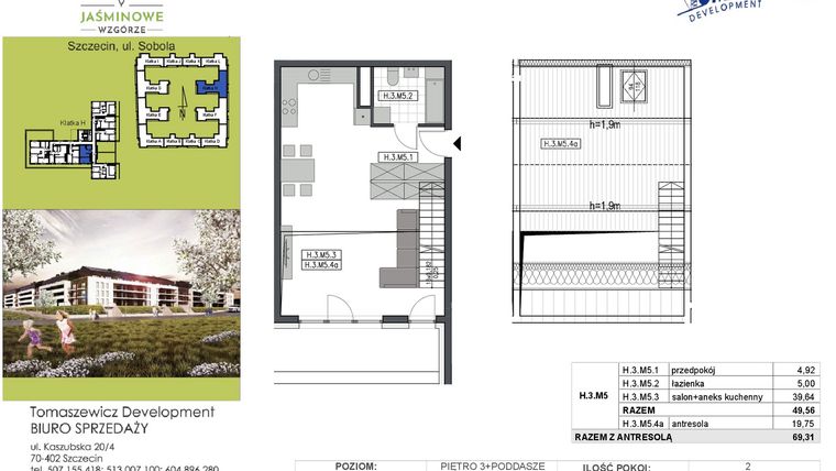 Rzut - Mieszkanie na sprzedaż 2 pokoje o powierzchni 69,31 m² - numer H3M5 w Jaśminowe Wzgórze - etap II