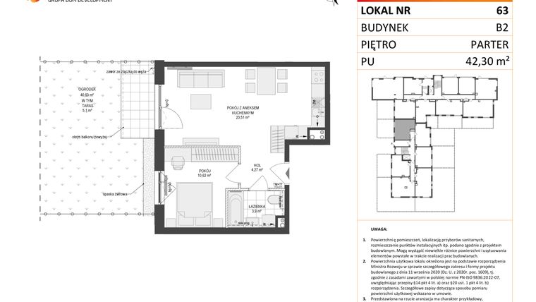 Rzut - Mieszkanie na sprzedaż 2 pokoje o powierzchni 42,3 m² - numer 63 w Locus 2 bud. B2
