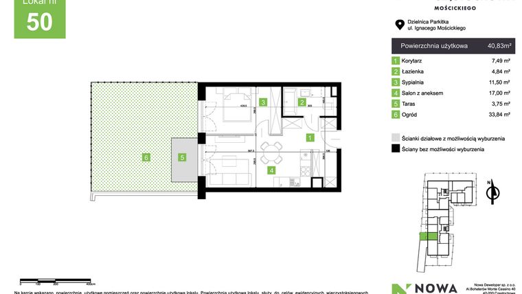 Rzut - Mieszkanie na sprzedaż 2 pokoje o powierzchni 40,83 m² - numer M50 w Nowa Częstochowa Mościckiego