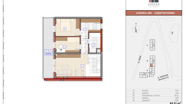 Rzut - Mieszkanie na sprzedaż 3 pokoje o powierzchni 63,31 m² - numer B.M.06 w Łódzka Osiedle