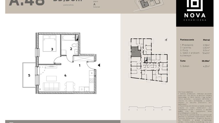 Rzut - Mieszkanie na sprzedaż 2 pokoje o powierzchni 39,96 m² - numer A48 w Nova Ceramiczna