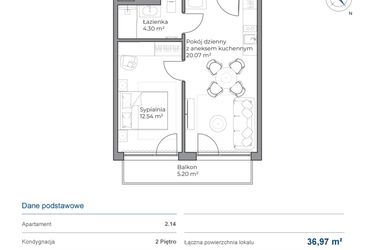 Rzut - Mieszkanie na sprzedaż 2 pokoje o powierzchni 36,97 m² - numer B.2.14 w Anchoria Holiday