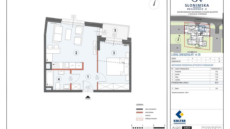 Rzut - Mieszkanie na sprzedaż 2 pokoje o powierzchni 38,31 m² - numer M35 w Słonimska Residence II