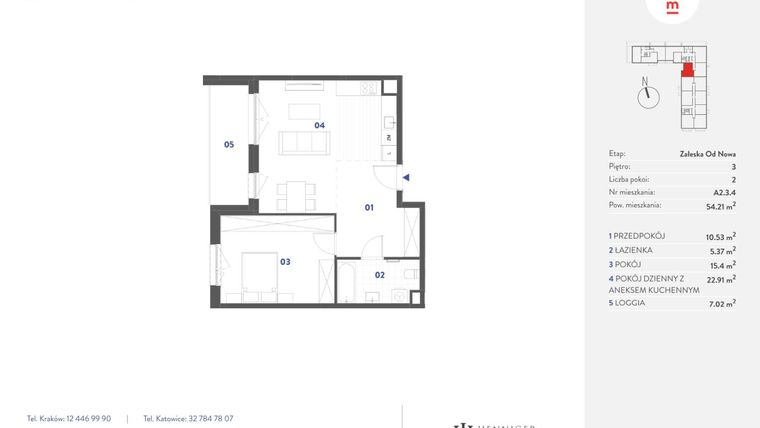 Rzut - Mieszkanie na sprzedaż 2 pokoje o powierzchni 54,21 m² - numer A2.3.4 w Mieszkaj w Mieście - Załęska od Nowa