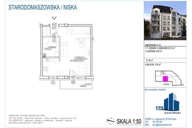 Rzut - Mieszkanie na sprzedaż 1 pokój o powierzchni 27,3 m² - numer 16 w Kamienica przy ul. Starodomaszowskiej