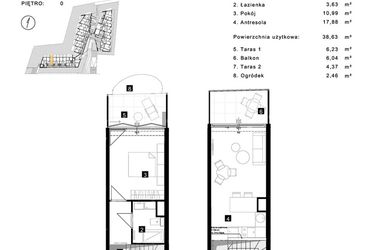 Rzut - Mieszkanie na sprzedaż 2 pokoje o powierzchni 38,63 m² - numer A.0.3 w Cisha Apartamenty Dziwnów