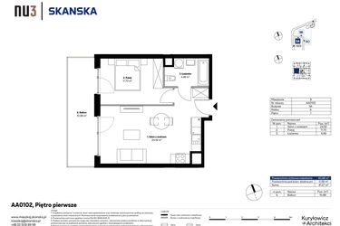 Rzut - Mieszkanie na sprzedaż 2 pokoje o powierzchni 40,68 m² - numer AA0102 w NU3 Warszawa Wola