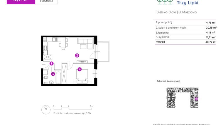 Rzut - Mieszkanie na sprzedaż 2 pokoje o powierzchni 40,77 m² - numer 2.B.1.05 w Murapol Trzy Lipki etap II
