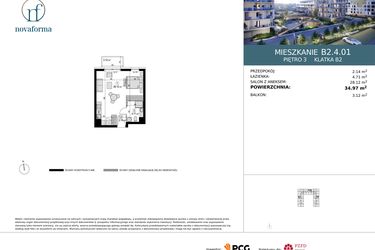 Rzut - Mieszkanie na sprzedaż 1 pokój o powierzchni 34,97 m² - numer B2.4.01 w Novaforma II