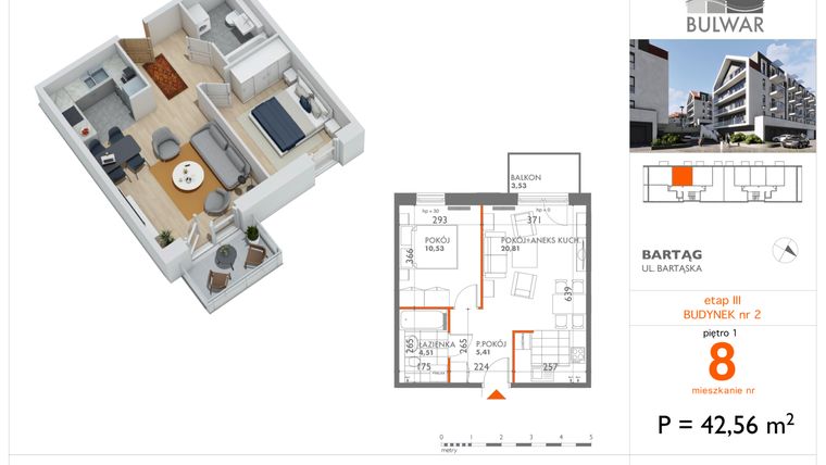 Rzut - Mieszkanie na sprzedaż 2 pokoje o powierzchni 42,56 m² - numer 8 w Bulwar bud. 2