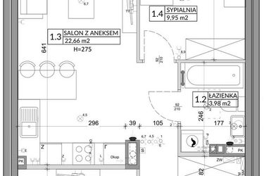 Rzut - Mieszkanie na sprzedaż 3 pokoje o powierzchni 56,89 m² - numer 70B w Osiedle Młodych etap VII