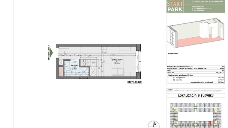 Rzut - Mieszkanie na sprzedaż 1 pokój o powierzchni 18,78 m² - numer 2.11 w START PARK