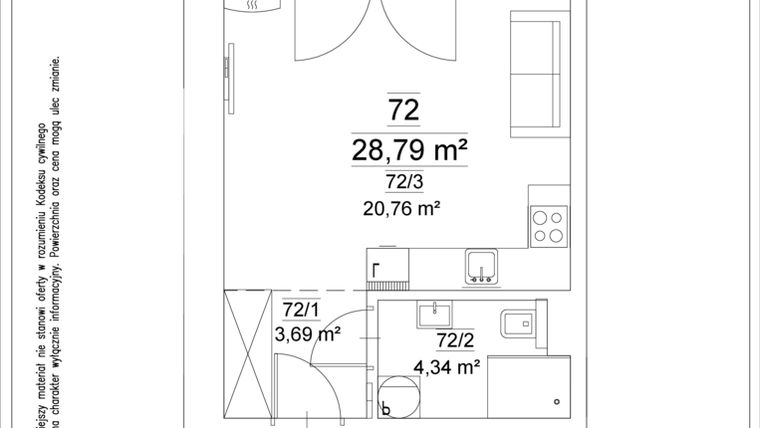 Rzut - Mieszkanie na sprzedaż 1 pokój o powierzchni 28,79 m² - numer 72 w Osiedle Teatralne 19