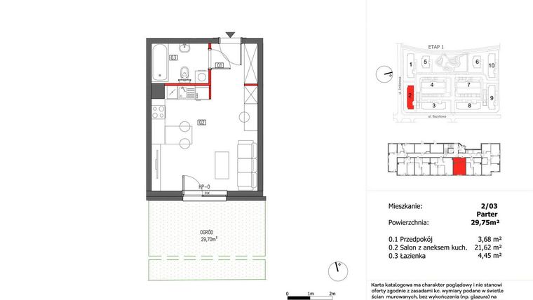Rzut - Mieszkanie na sprzedaż 1 pokój o powierzchni 29,75 m² - numer 2/3 w Słoneczny Zakątek