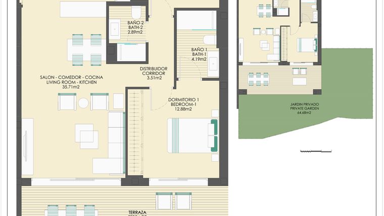 Rzut - Mieszkanie na sprzedaż 2 pokoje o powierzchni 183,47 m² - numer B30D w Arrecife by UrbinCasa