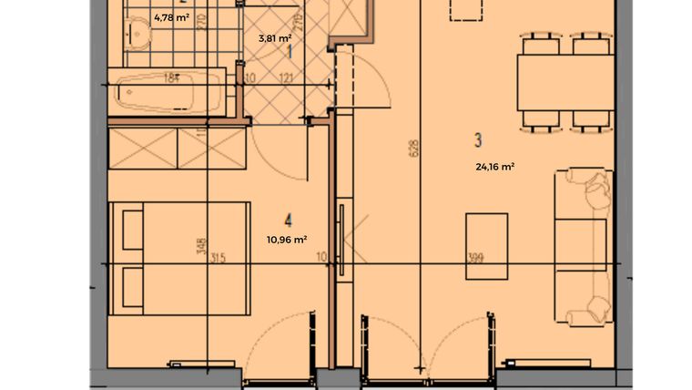 Rzut - Mieszkanie na sprzedaż 2 pokoje o powierzchni 43,6 m² - numer P.1.1.11 w Partynice House II budynek P i R