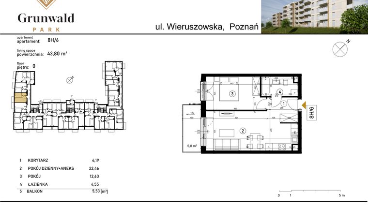 Rzut - Mieszkanie na sprzedaż 2 pokoje o powierzchni 43,8 m² - numer 8 H/6 w Grunwald Park