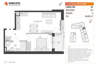 Rzut - Mieszkanie na sprzedaż 2 pokoje o powierzchni 40,69 m² - numer B1.25 w Zajezdnia Motława