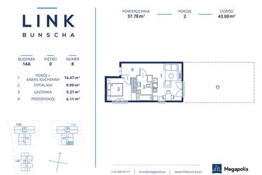 Rzut - Mieszkanie na sprzedaż 2 pokoje o powierzchni 37,78 m² - numer 14A.8 w LINK BUNSCHA