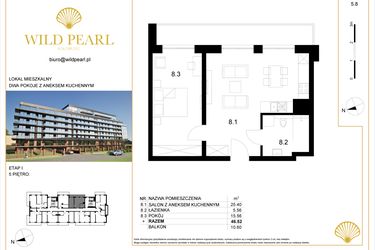 Rzut - Mieszkanie na sprzedaż 2 pokoje o powierzchni 46,52 m² - numer 5.8 w Wild Pearl