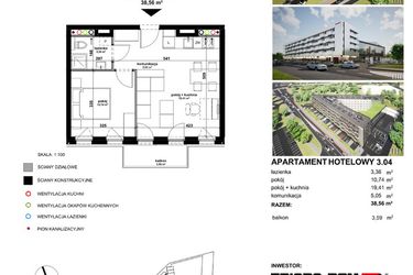 Rzut - Mieszkanie na sprzedaż 2 pokoje o powierzchni 38,51 m² - numer 304 w Apartamentowiec Zwycięska 3 - inwestycyjne
