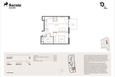 Rzut - Mieszkanie na sprzedaż 2 pokoje o powierzchni 42,41 m² - numer A3-01.07 w Sarnie Osiedle