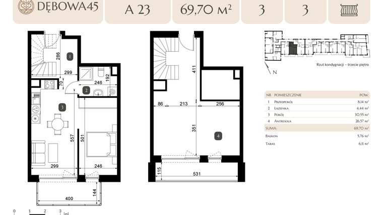 Rzut - Mieszkanie na sprzedaż 2 pokoje o powierzchni 69,7 m² - numer A.23 w Dębowa 45