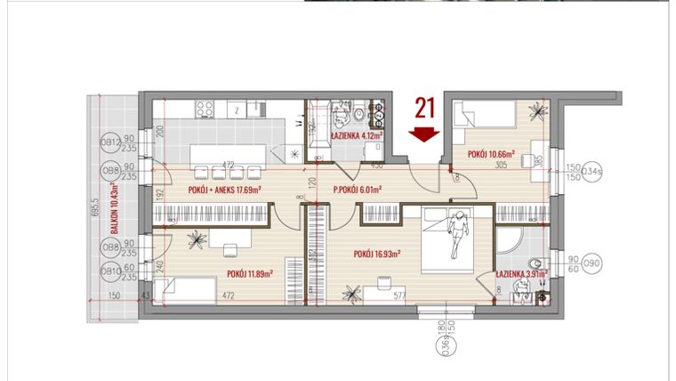 Rzut - Mieszkanie na sprzedaż 4 pokoje o powierzchni 71,21 m² - numer 21 w HUZAR B3