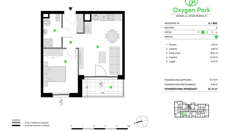 Rzut - Mieszkanie na sprzedaż 2 pokoje o powierzchni 42,74 m² - numer G.1.M03 w Oxygen Park etap III