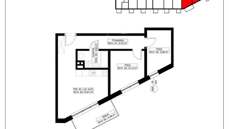 Rzut - Mieszkanie na sprzedaż 3 pokoje o powierzchni 51,51 m² - numer 14 w Światowida 61B