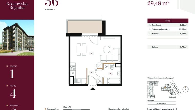 Rzut - Mieszkanie na sprzedaż 1 pokój o powierzchni 29,48 m² - numer 2.M56 w Krakowska Rogatka