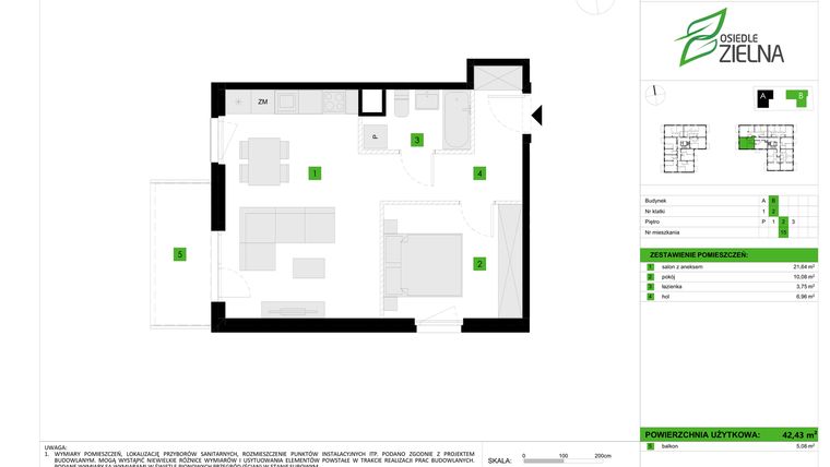 Rzut - Mieszkanie na sprzedaż 2 pokoje o powierzchni 42,43 m² - numer B15 w Osiedle Zielna IV faza 2