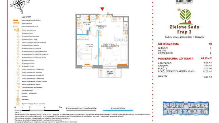 Rzut - Mieszkanie na sprzedaż 2 pokoje o powierzchni 44,15 m² - numer 13 w Zielone Sady etap III