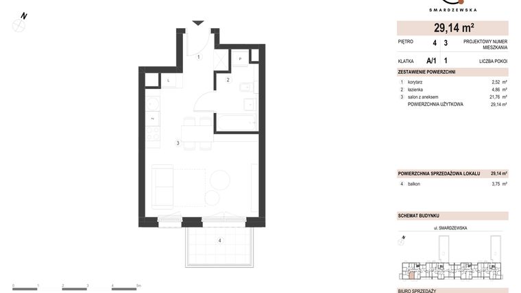 Rzut - Mieszkanie na sprzedaż 1 pokój o powierzchni 29,14 m² - numer A/1/4.3 w Smardzewska 8