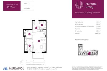 Rzut - Mieszkanie na sprzedaż 2 pokoje o powierzchni 43,05 m² - numer 2.A.7.05 w Murapol Urcity